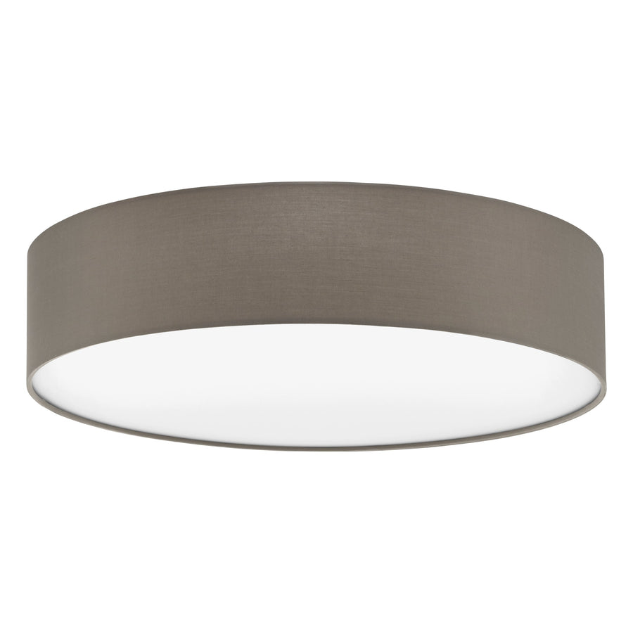 Vue de face du luminaire rond en tissu taupe avec diffuseur blanc lumineux