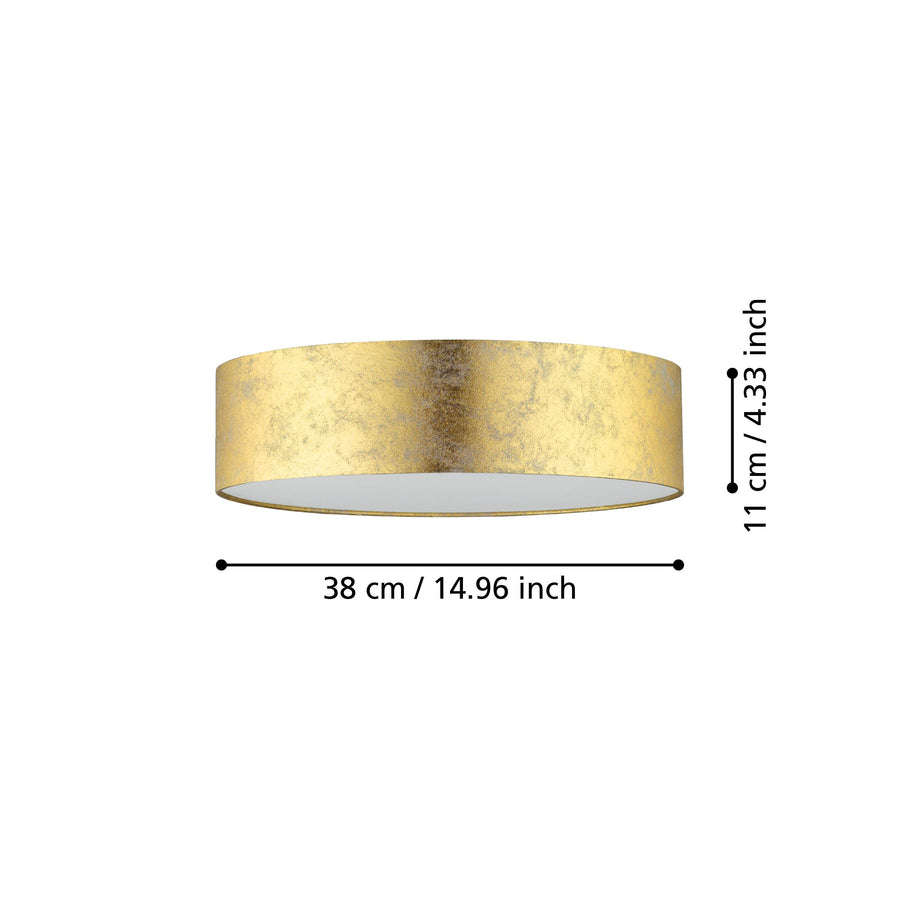 Schéma technique coté du plafonnier : 38 cm de diamètre et 11 cm de hauteur.