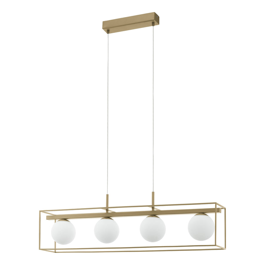 Second angle du luminaire montrant la structure rectangulaire dorée et ses globes.