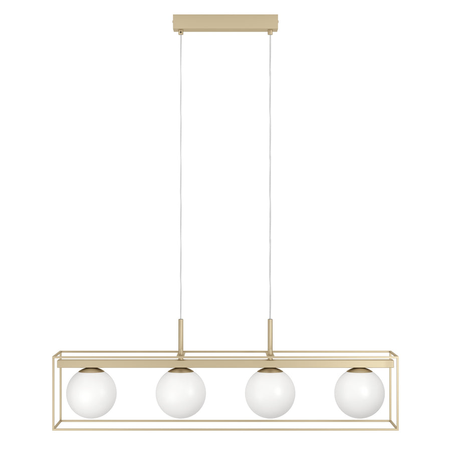 Vue de face strictement alignée, quatre globes blancs dans un cadre doré.