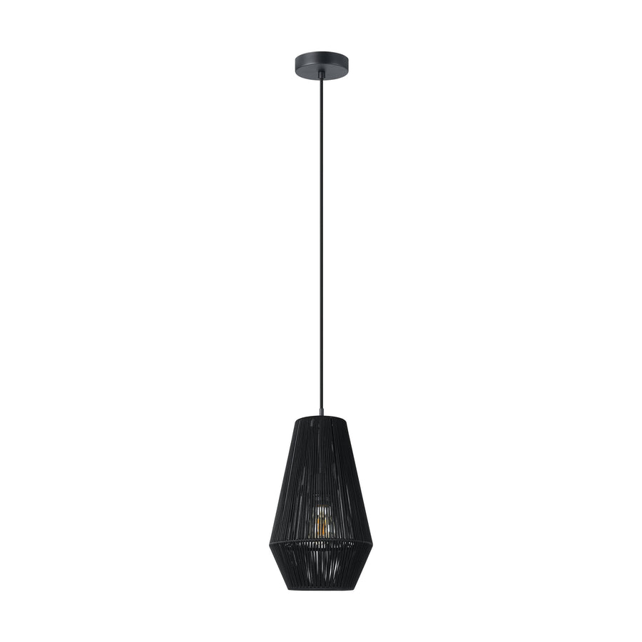 Produit de face, suspension noire éclairée avec rosace et câble de fixation
