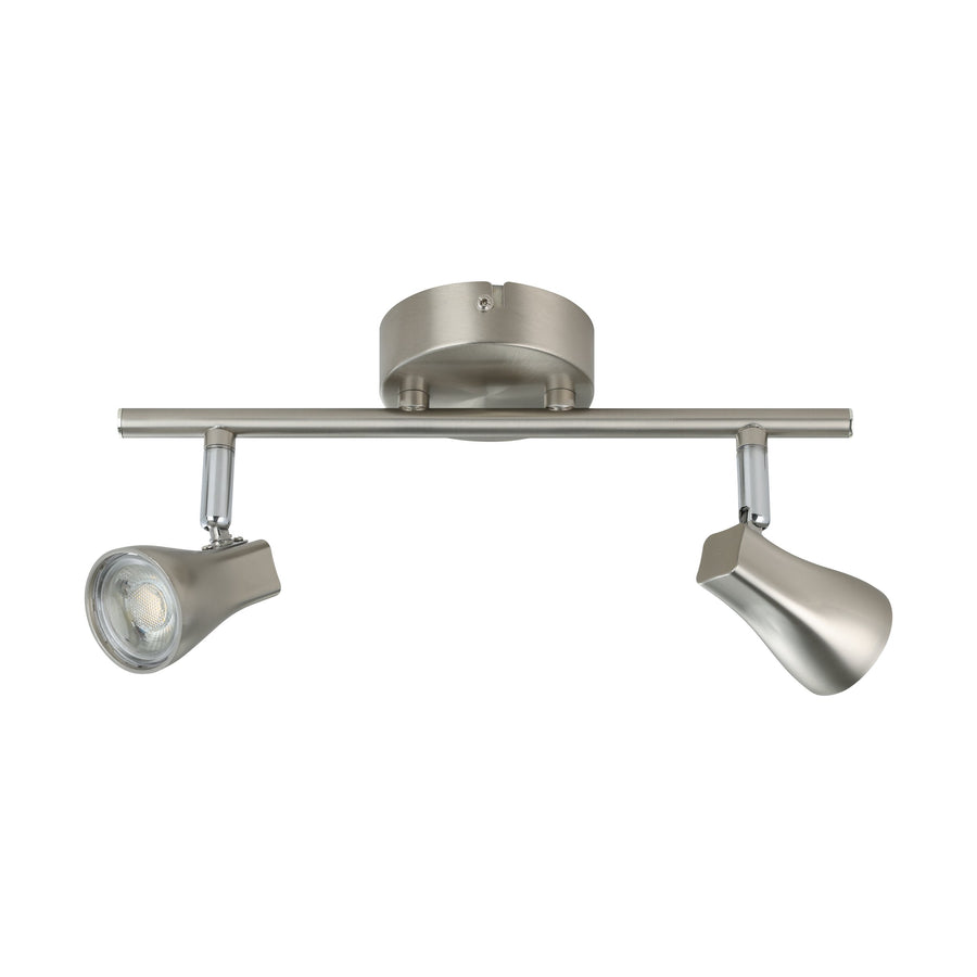 Vue de face du luminaire à deux spots sur rail, finition nickel satiné.