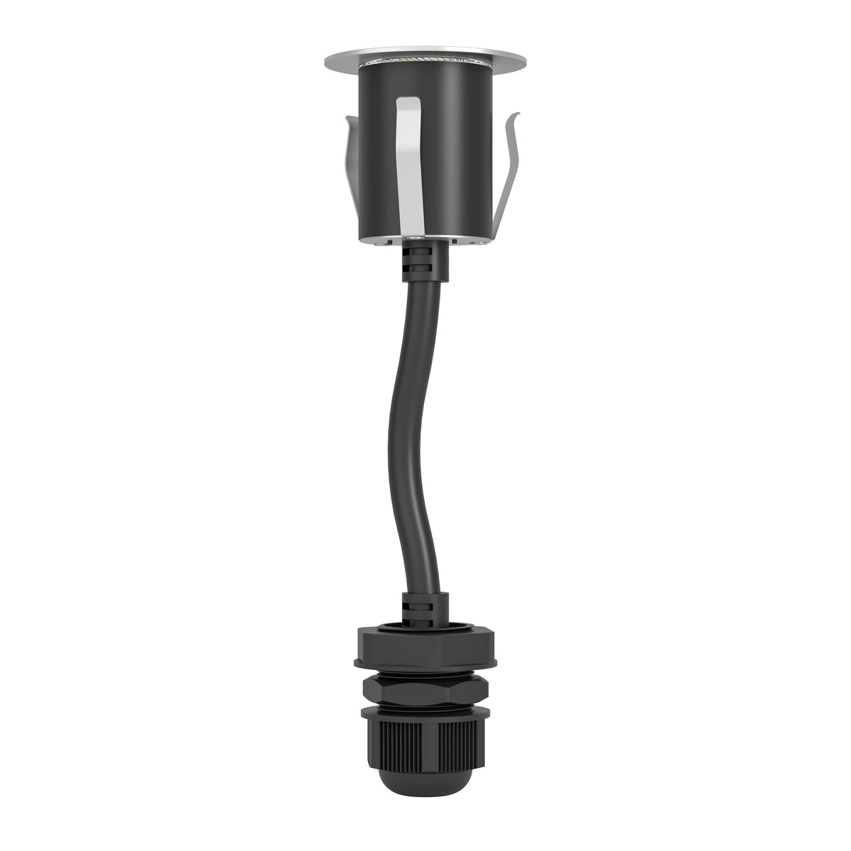 Vue de côté du luminaire avec câble flexible noir et connecteur étanche.