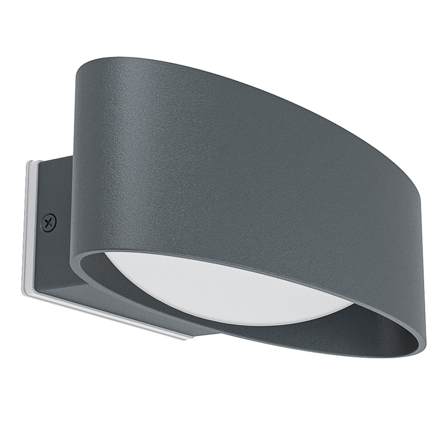 Vue décalée de profil de l'applique anthracite, diffuseur blanc et fixation murale visibles.