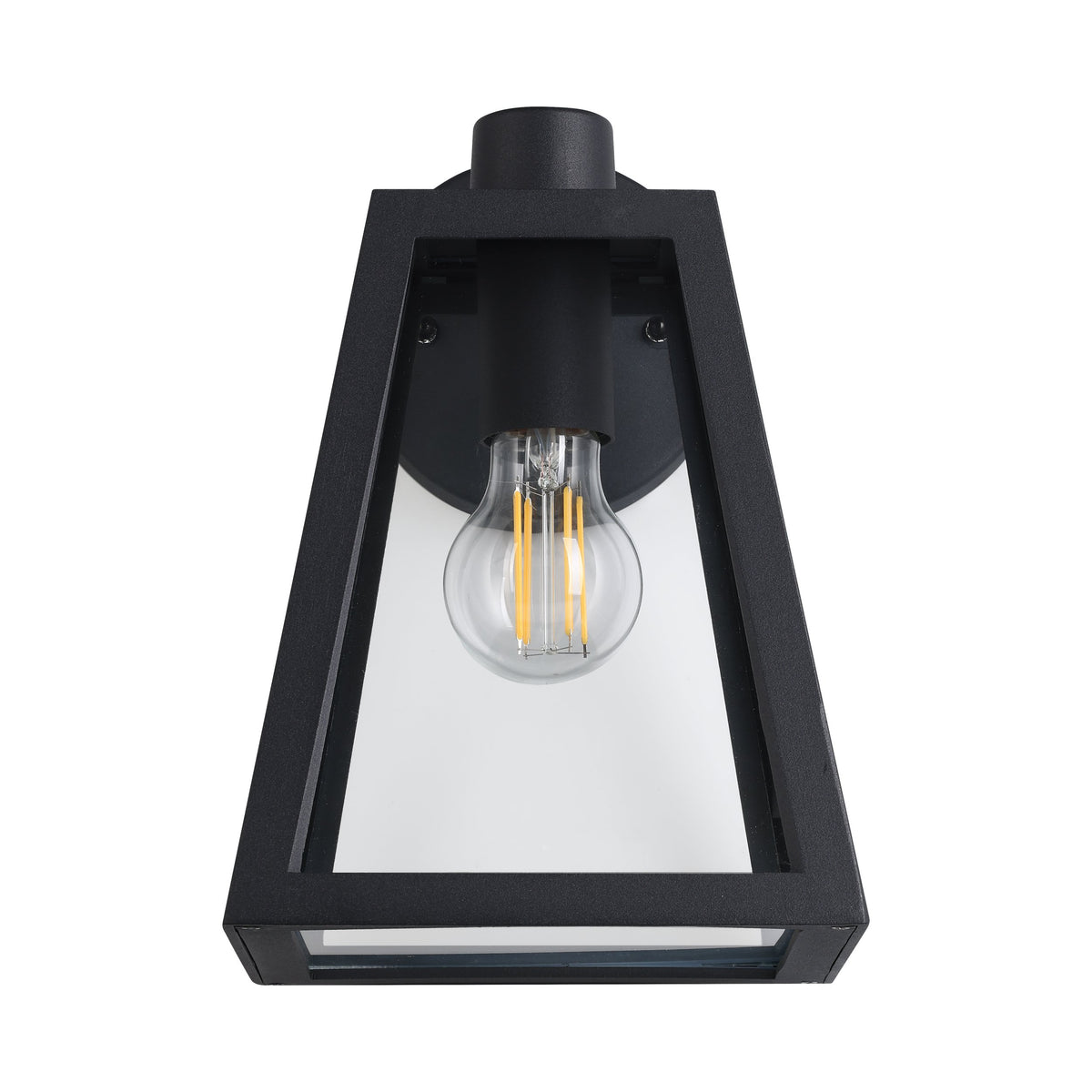 Vue de face du luminaire montrant sa silhouette trapézoïdale et l'ampoule installée à l'intérieur.