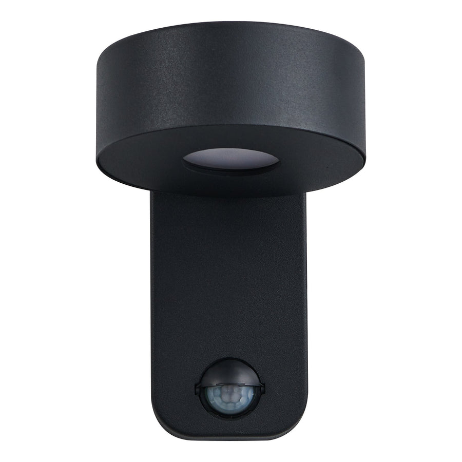 Vue de face du luminaire noir, tête ronde et capteur infrarouge en bas