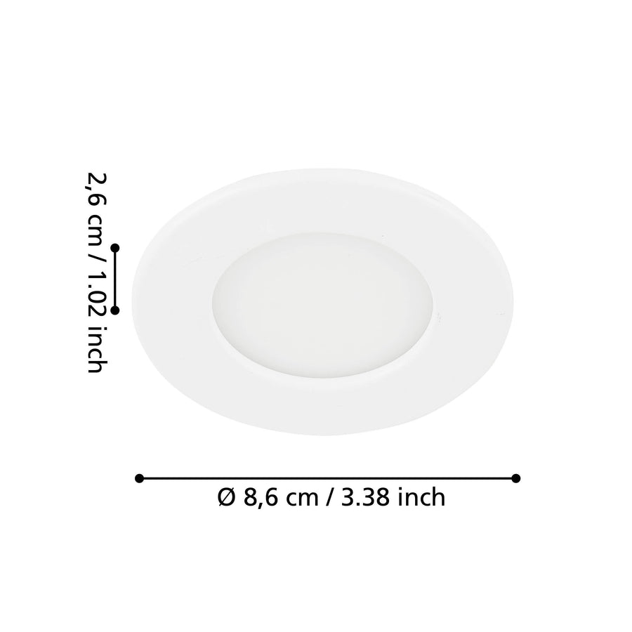 Schéma de dimensions du spot encastrable blanc avec diamètre et hauteur indiqués