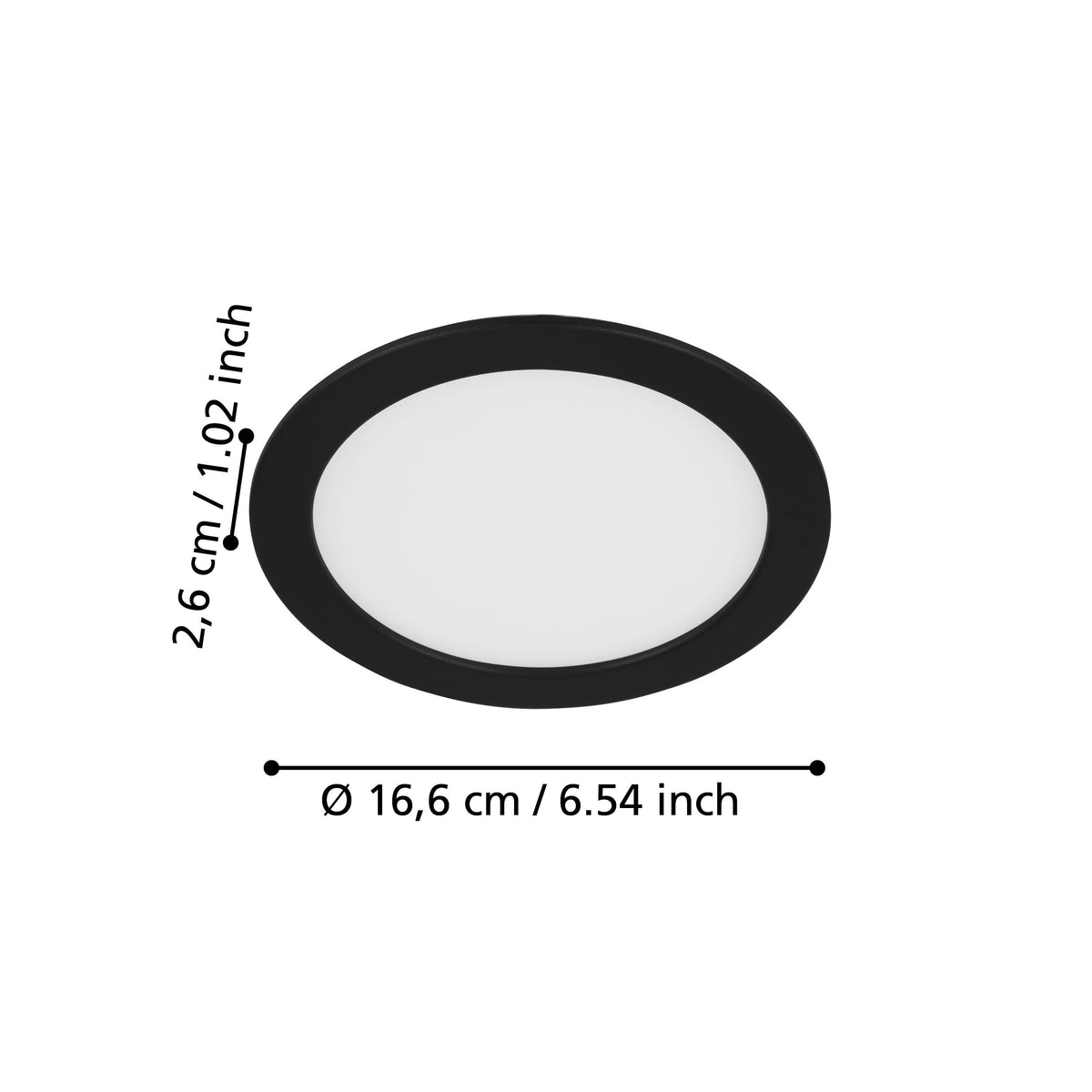Schéma de dimensions indiquant un diamètre de 16,6 cm et une profondeur de 2,6 cm