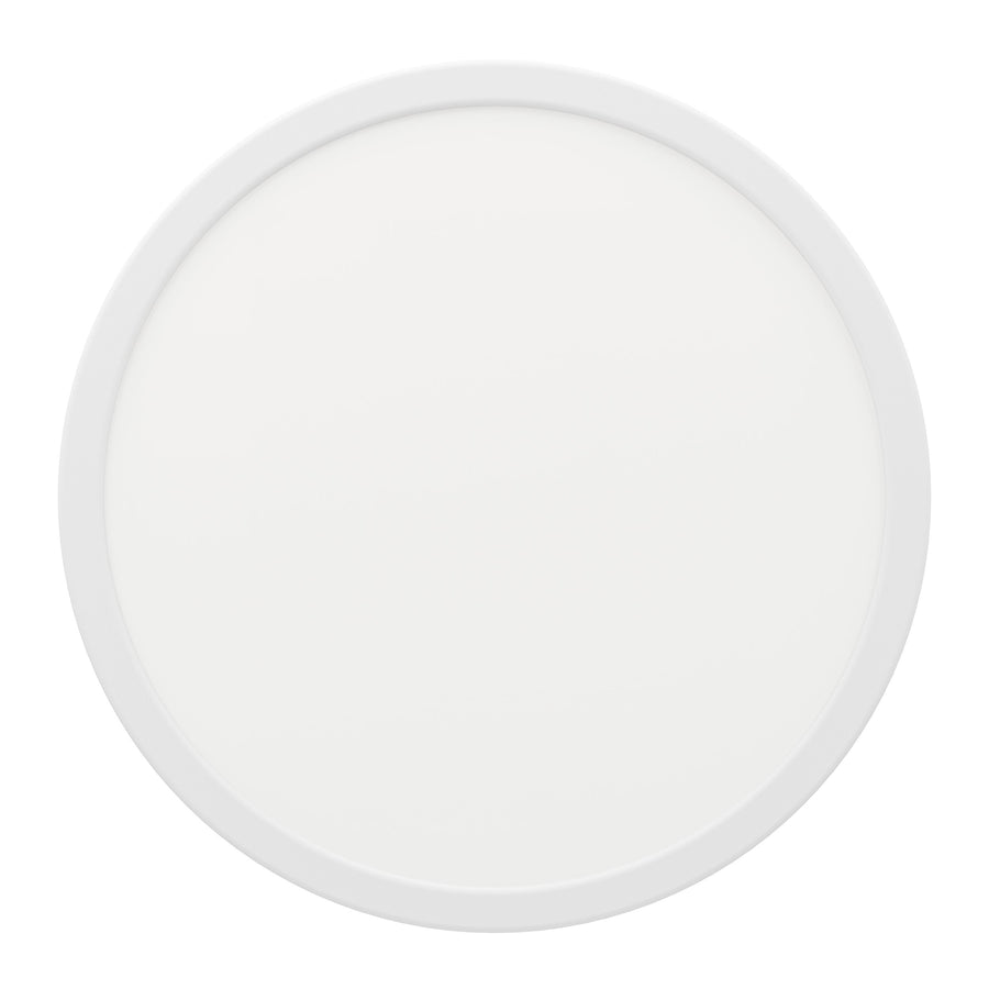 Vue de face du luminaire rond blanc, diffuseur opale et fine bordure périphérique
