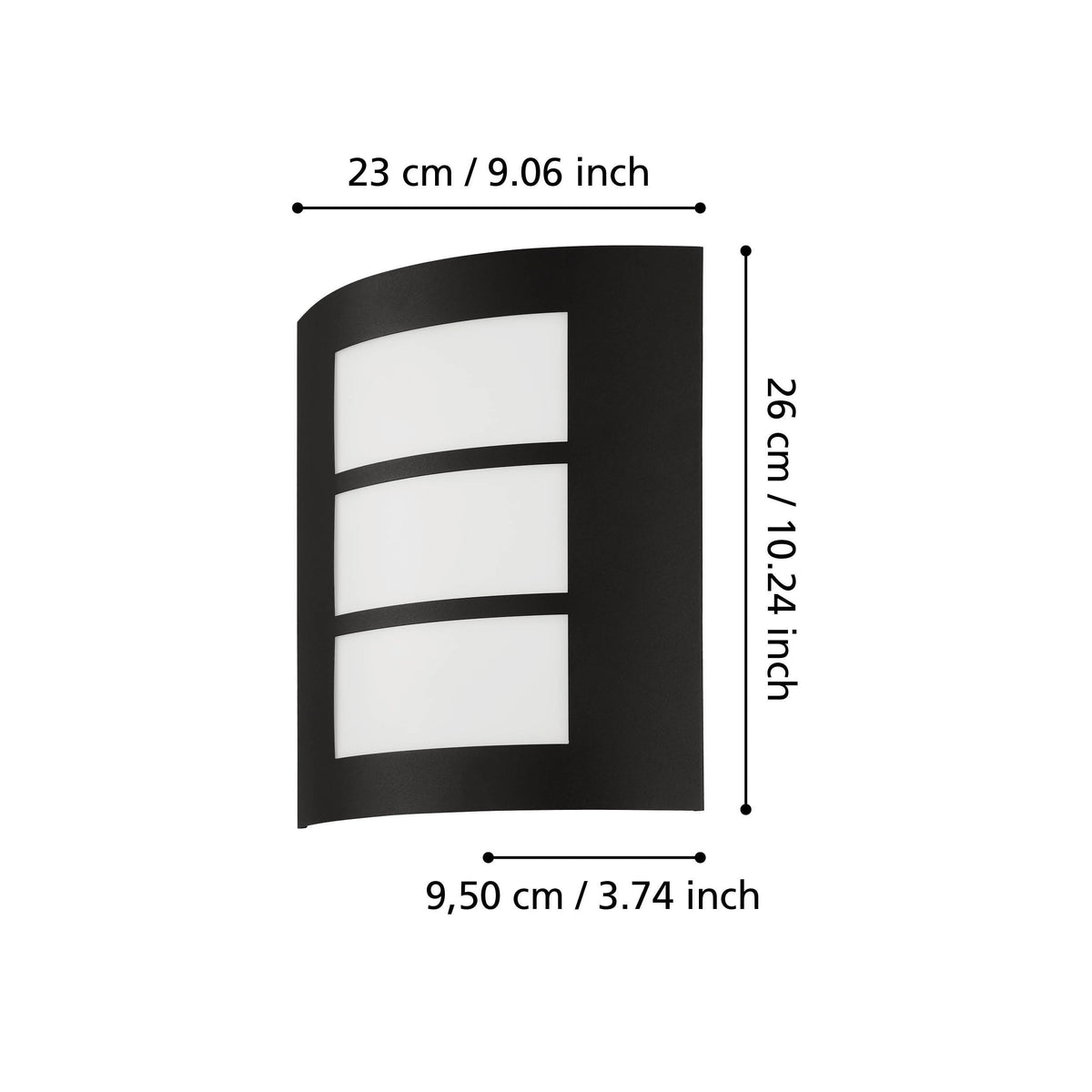Schéma de dimensions : 23 cm de large, 26 cm de haut et 9,5 cm de profondeur.