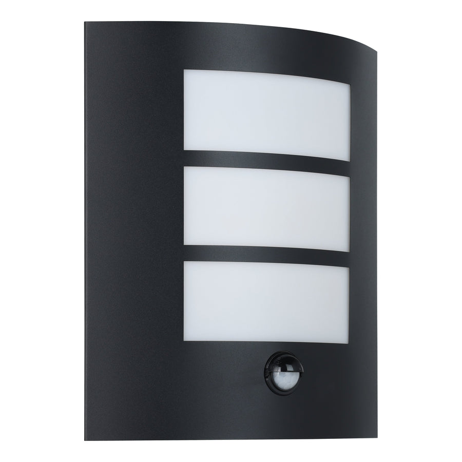 Vue de face à plat de l'applique murale noire et blanche avec détecteur.
