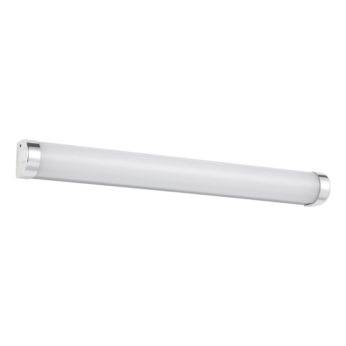 Vue de trois quarts du luminaire allongé, diffuseur blanc et embouts chromés, sur fond blanc.