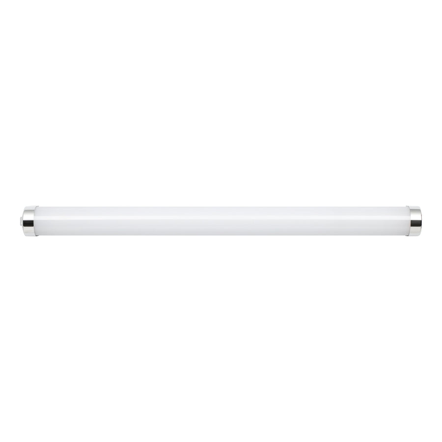 Vue de face du luminaire tubulaire blanc avec embouts argentés, fond blanc.