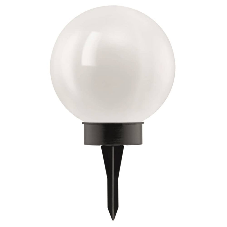 Luminaire extérieur à globe blanc posé sur embase noire vue de face