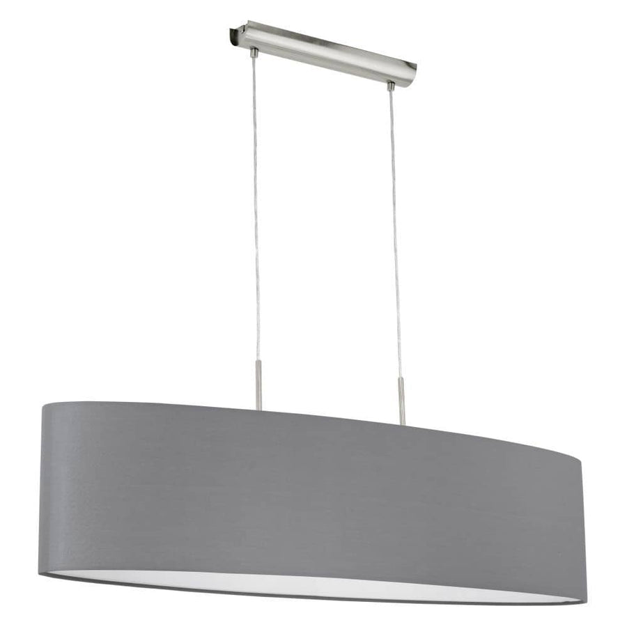 Suspension grise ovale vue de face, abat-jour en tissu et câbles métalliques fins