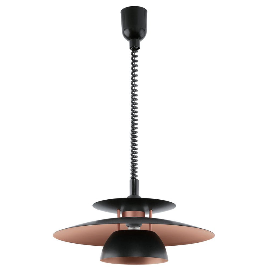 Suspension vue de face sur fond blanc, trois plateaux noirs et intérieur cuivré