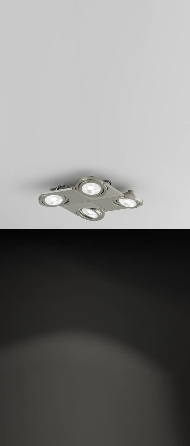 Mise en ambiance du spot plafond allumé dans une pièce, diffusion de lumière vers le bas.