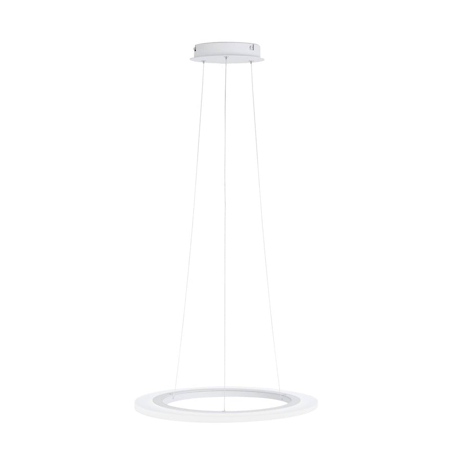 Suspension blanche vue de face sur fond blanc, anneau lumineux et câbles fins