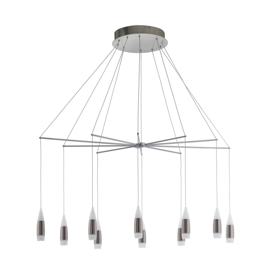 Vue de face sur fond blanc d'une suspension nickel satiné aux multiples diffuseurs en verre