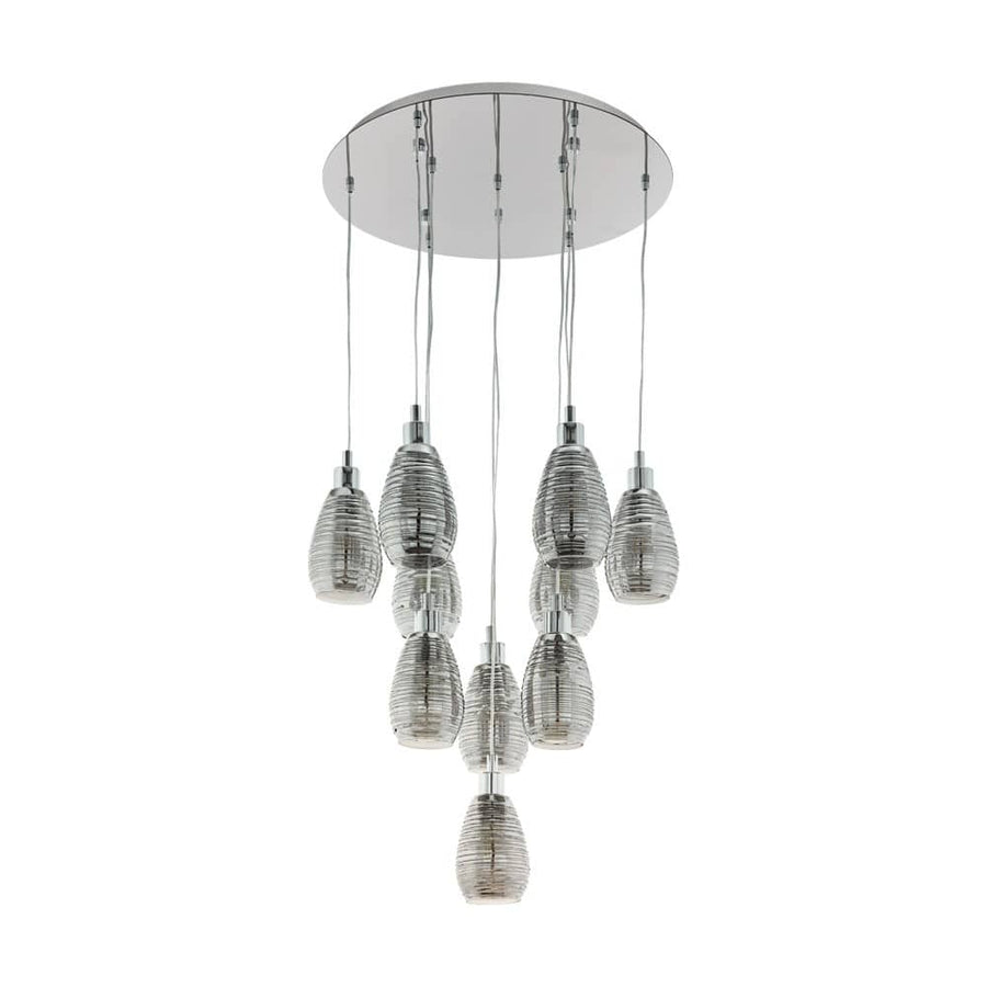 Vue de face du luminaire sur fond blanc, rosace ronde et dix abat-jours en verre strié.