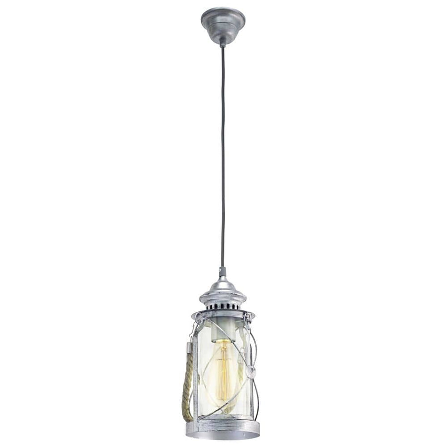 Suspension lanterne en métal argenté avec verre transparent et ampoule visible
