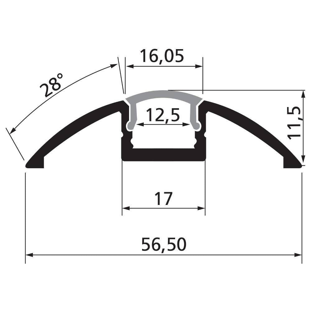Schéma coté de la section du profil, dimensions en millimètres et angle de 28 degrés