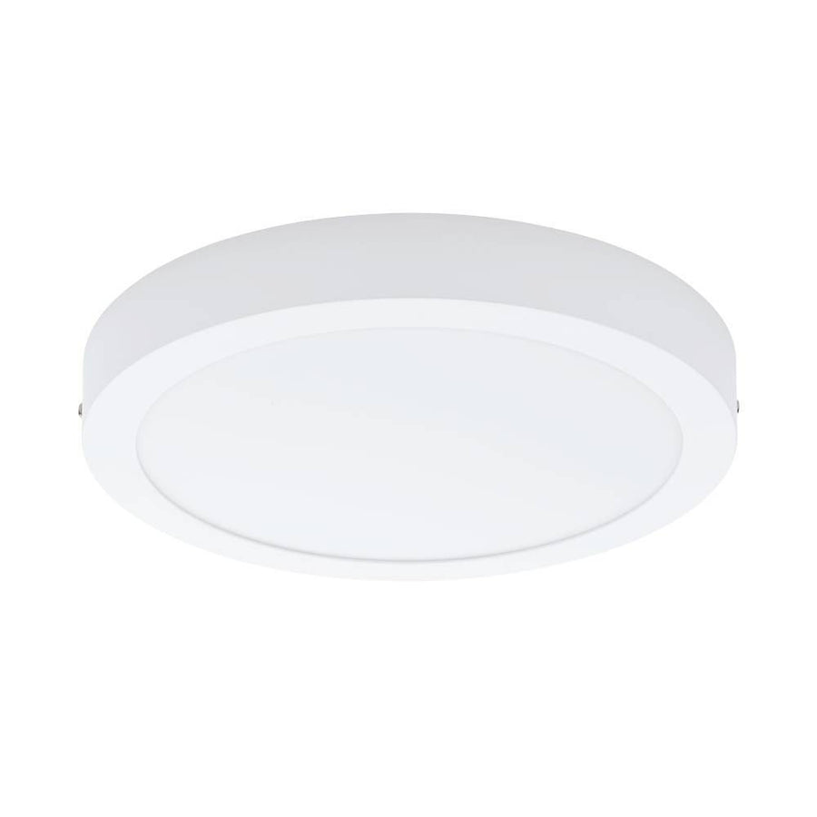 Vue rapprochée du luminaire rond blanc montrant le cerclage et le diffuseur