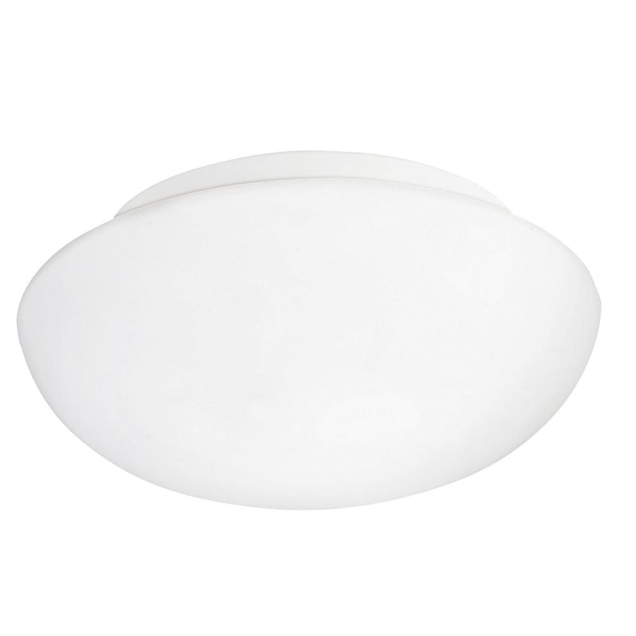 Vue de face du luminaire rond en verre opalin blanc sur fond neutre