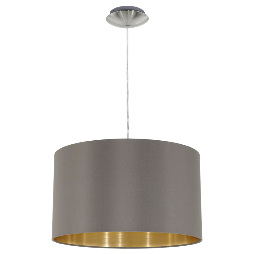 Vue de face du luminaire suspendu avec son abat-jour cylindrique gris et intérieur doré