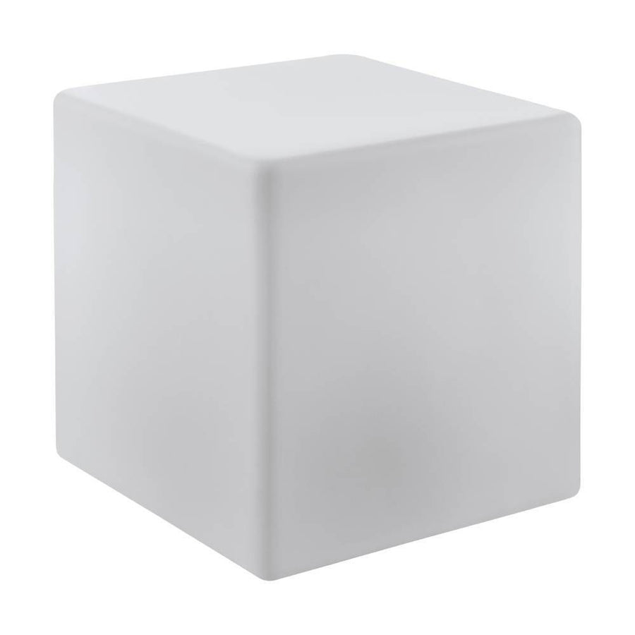 Vue produit de face d'un cube lumineux blanc éteint sur fond blanc uni