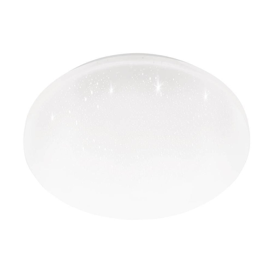 Vue de face du plafonnier rond blanc, diffuseur bombé légèrement scintillant