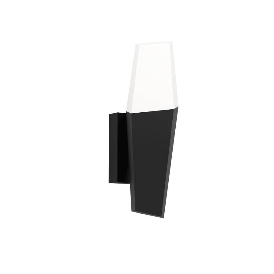 Vue détourée sur fond blanc : applique murale trapézoïdale noire à diffuseur blanc
