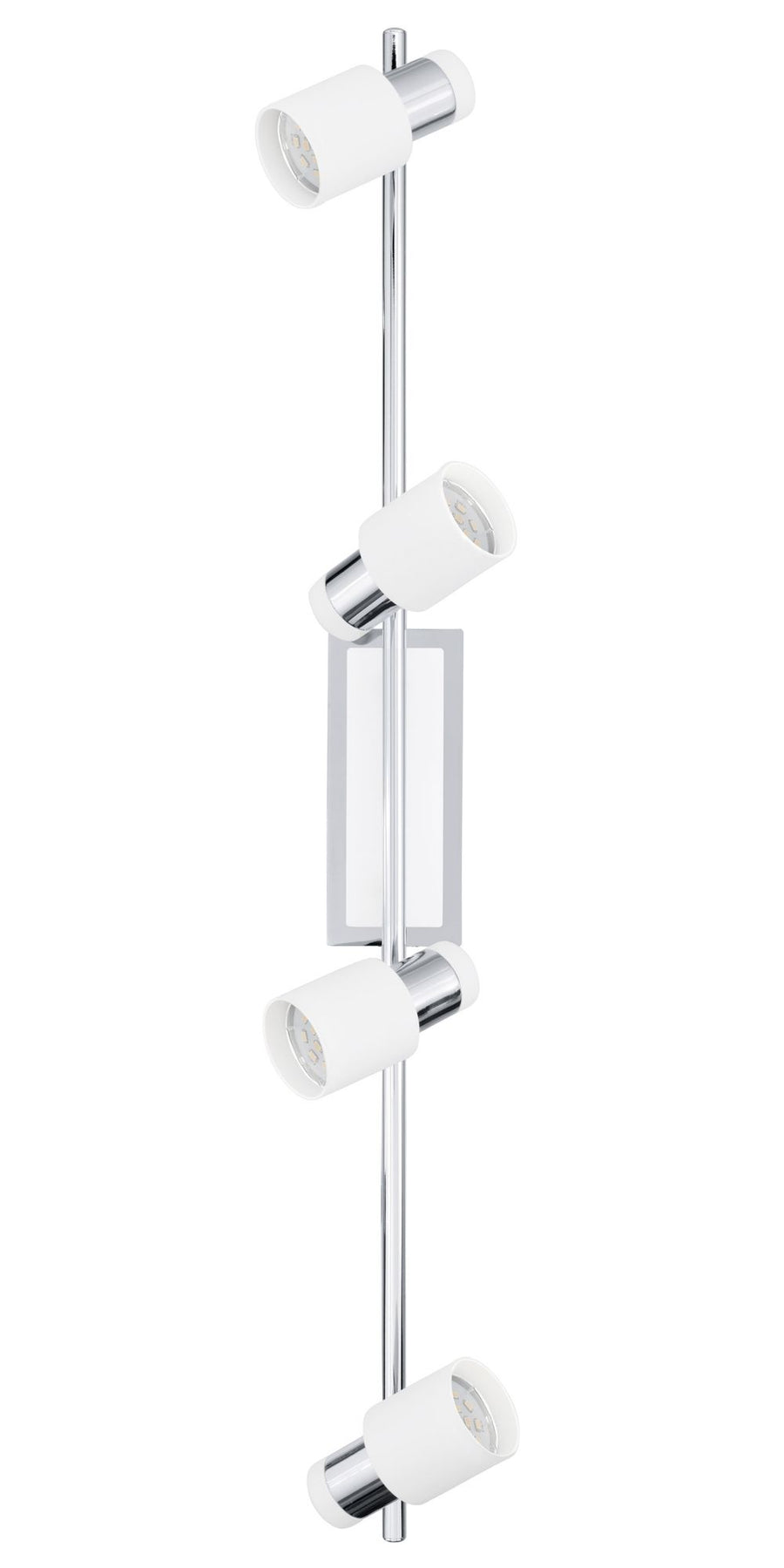 Autre vue du luminaire, quatre projecteurs orientables blanc et chrome montés sur une tige.