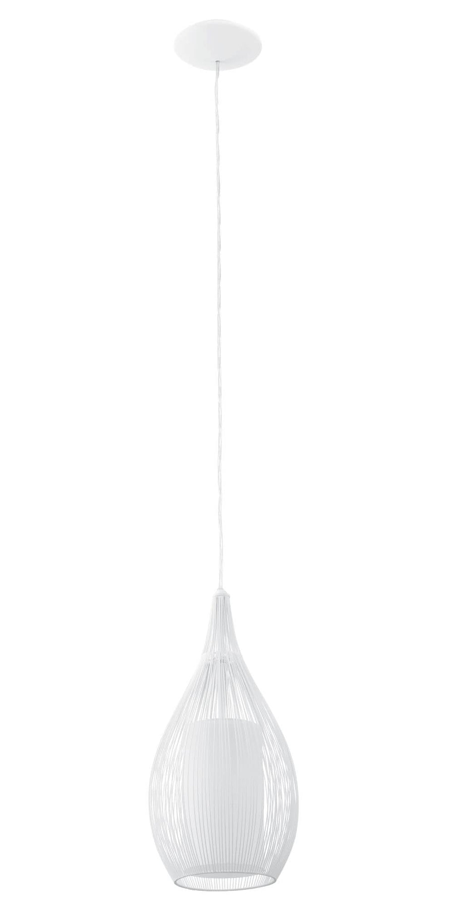 Vue en élévation du luminaire, soulignant la finesse de sa cage métallique blanche.