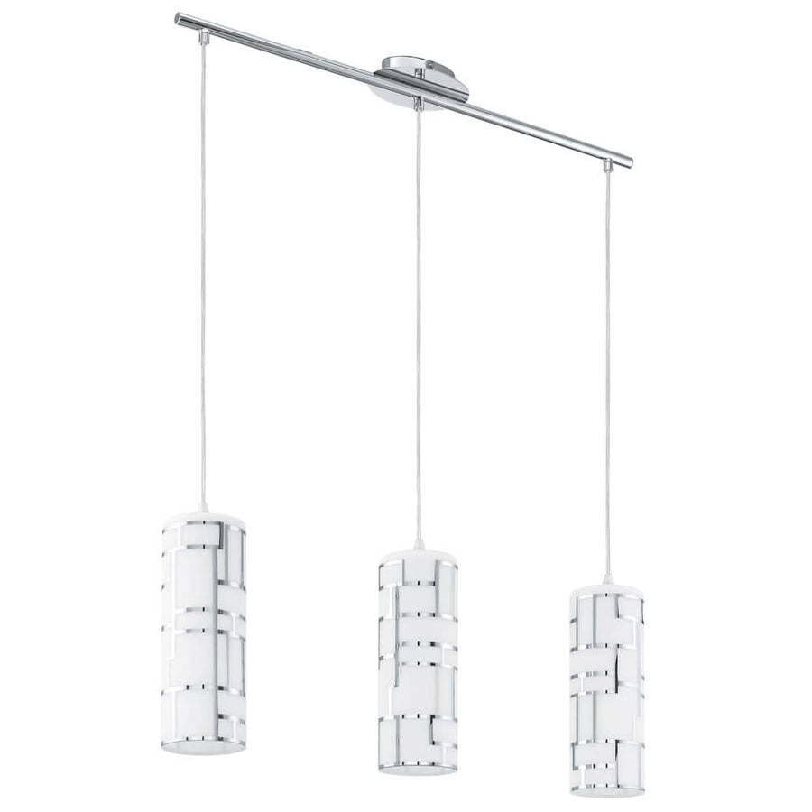 Suspension trois abat-jours cylindriques en verre blanc sur barre chromée, fond blanc