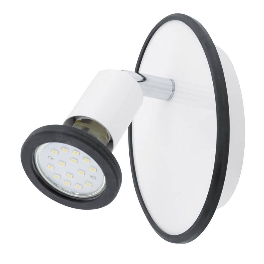 Spot mural blanc et chromé de face, orientable, anneau noir autour de la lentille LED