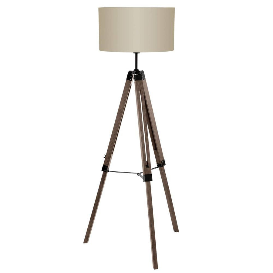 Lampadaire trépied en bois avec abat-jour beige, présenté de face sur fond blanc