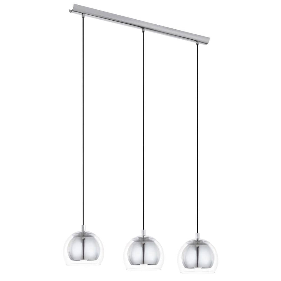 Trois suspensions boule en verre chromé alignées sous un rail, fond blanc