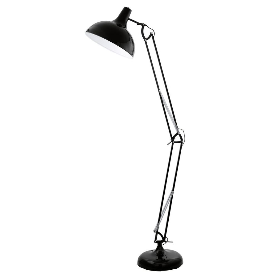 Lampadaire noir articulé vu de face sur fond blanc uni