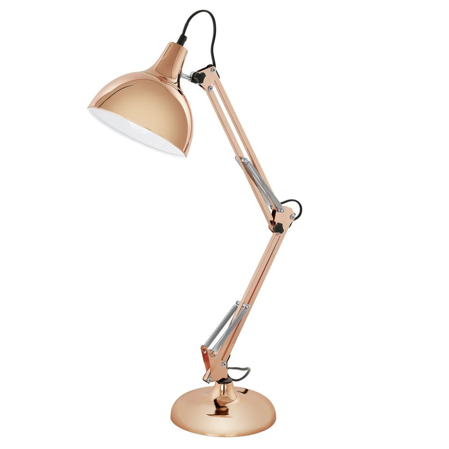 Lampe de bureau en cuivre à bras articulé, vue de face sur fond blanc