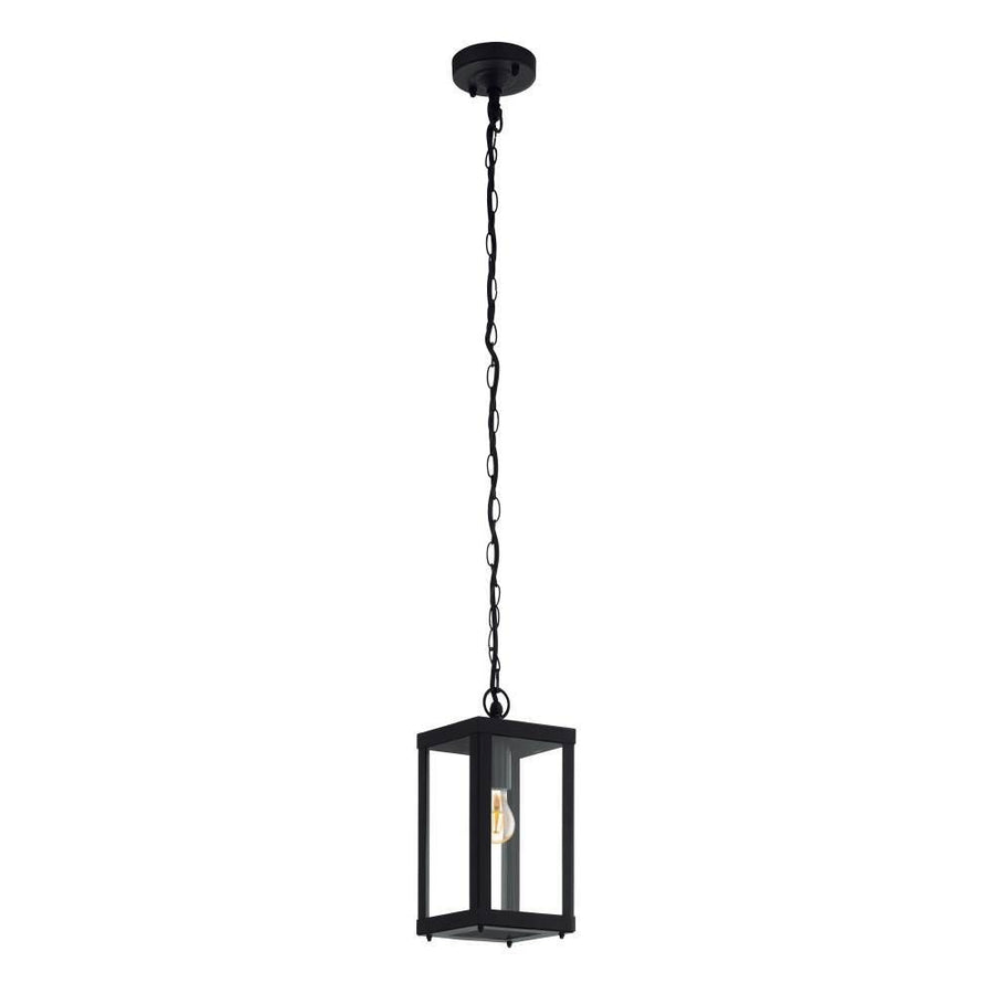 Suspension noire de face avec chaîne et lanterne vitrée sur fond blanc