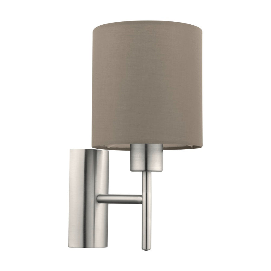 Applique murale taupe avec abat-jour cylindrique et structure métallique, vue isolée sur fond blanc.