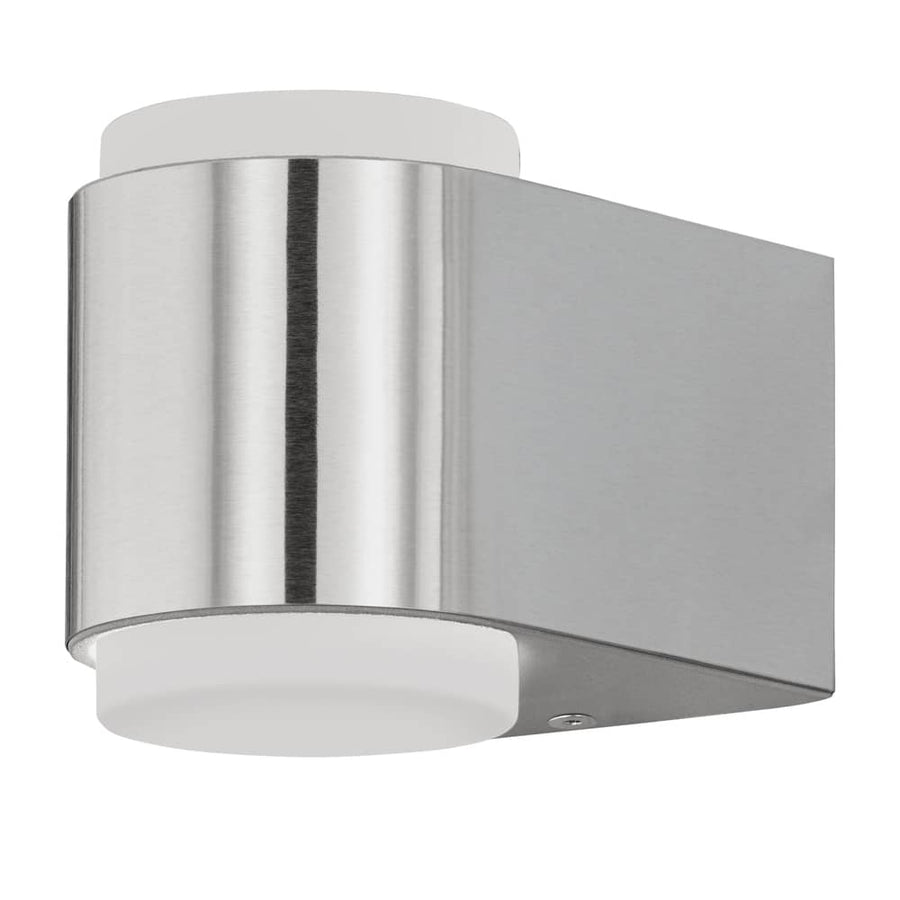 Vue de trois quarts de l'applique murale en inox brossé avec diffuseurs blancs, sur fond blanc.
