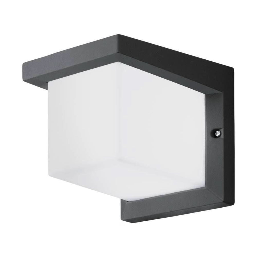 Vue détourée de l'applique extérieure anthracite et blanche, diffuseur cubique allumé.