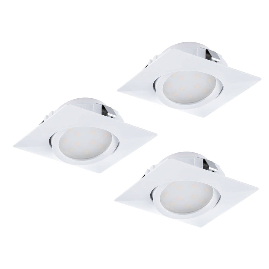 Trois spots encastrables blancs à cadre carré et diffuseur rond, vue produit isolée.