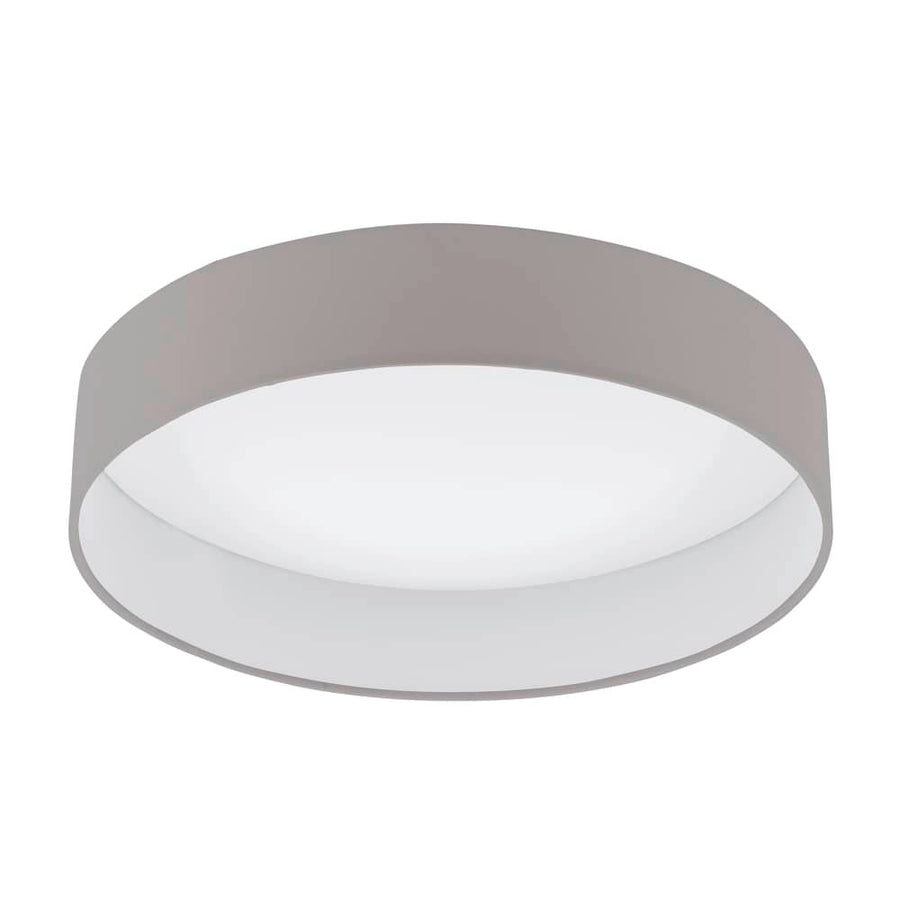 Plafonnier rond vu de face, bandeau en tissu taupe et diffuseur blanc satiné
