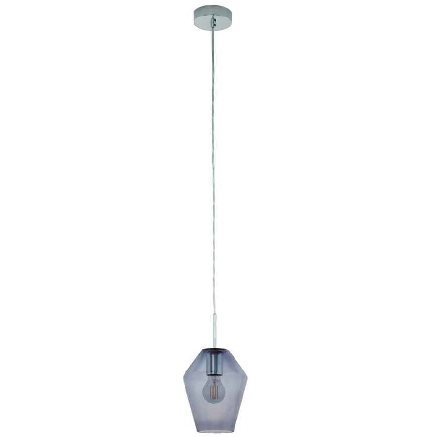 Suspension seule sur fond blanc, verre fumé et douille chromée avec ampoule visible