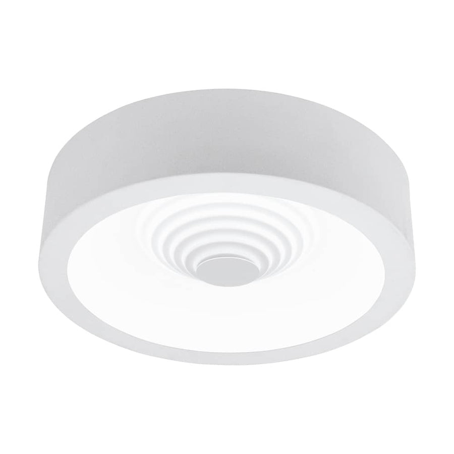 Plafonnier blanc rond vu de dessous, diffuseur strié et verre dépoli