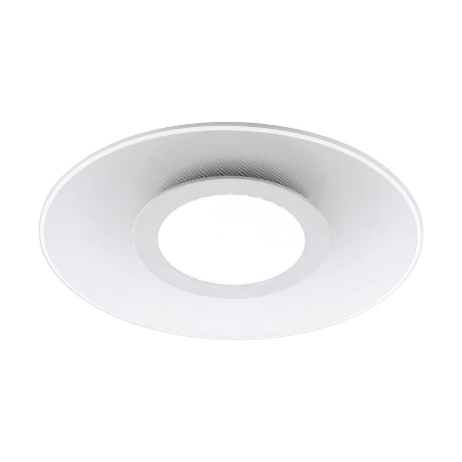 Plafonnier rond blanc vu de face, anneau central et large diffuseur, fond neutre
