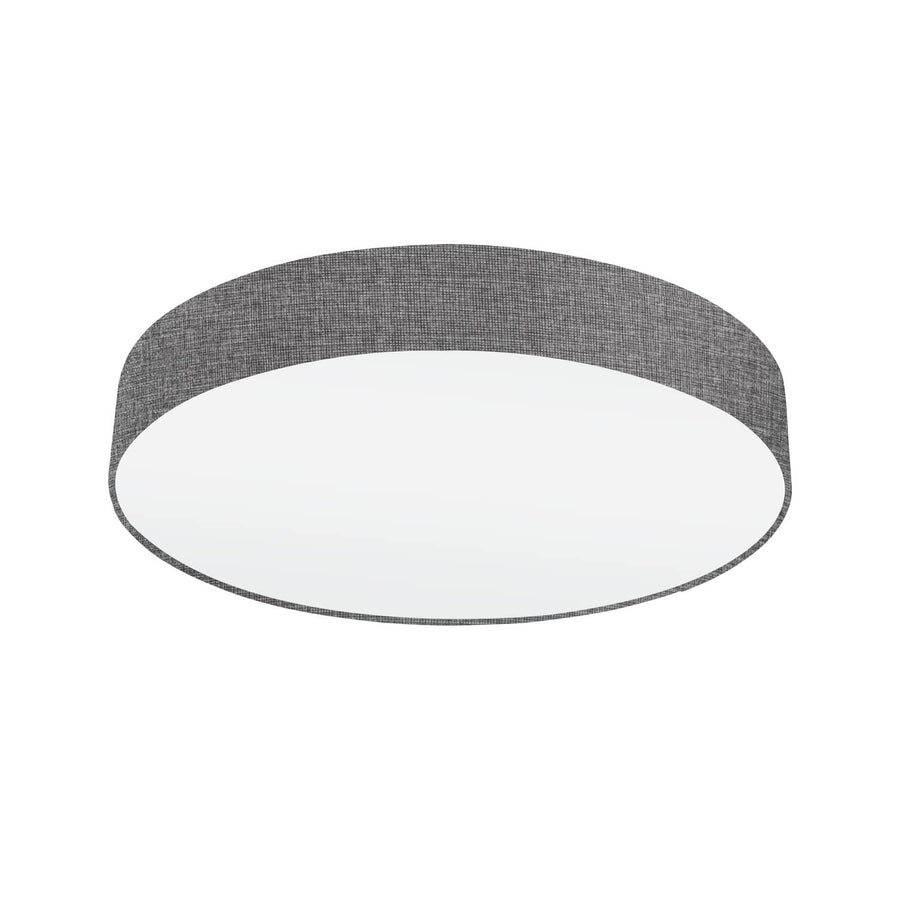Vue de face du plafonnier rond avec abat-jour textile gris chiné